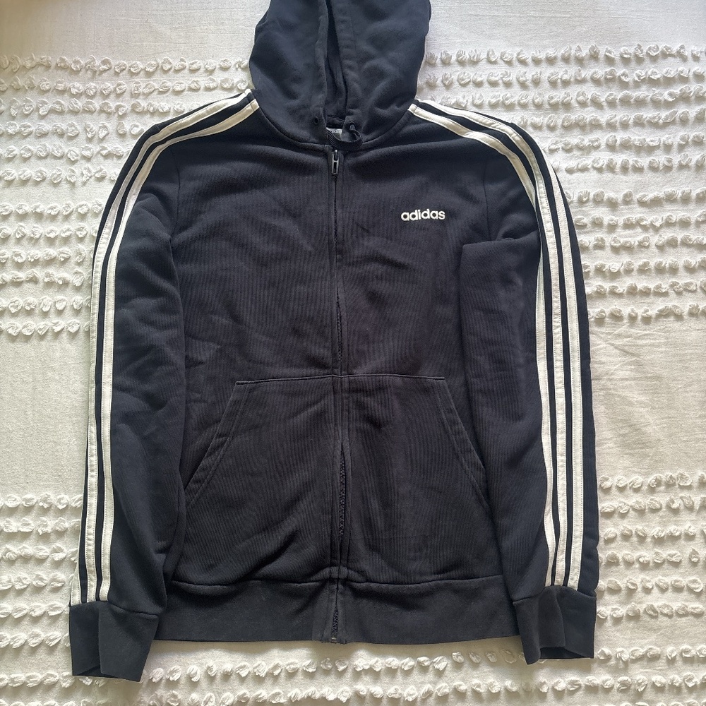 Adidas, navy blue zip up with white stripes